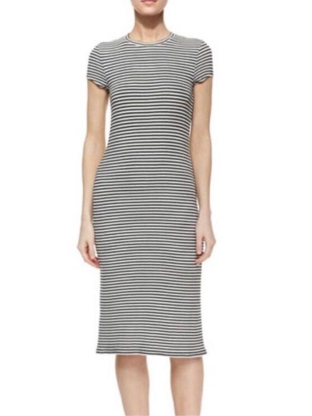 ATM Black Cream Cap-Sleeve Striped Knit Slim Midi Dress- M